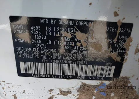 2019 Subaru Outback 2.5I Limited z USA, uszkodzony, nr VIN 4S4BSANC3K3330871